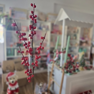 Ramos decorativos de bagas vermelhas em ambiente interior