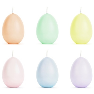 Seis velas em forma de ovo de cores variadas sobre fundo branco