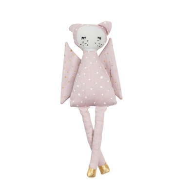 Pelúcia de gato rosa com padrões de bolinhas brancas e pés dourados