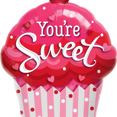 Balão foil em forma de cupcake vermelho e rosa com texto You're Sweet