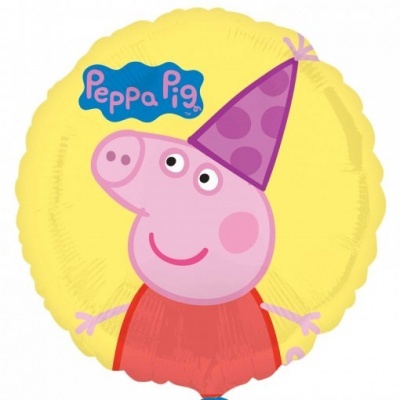 Balão amarelo com personagem Peppa Pig e texto