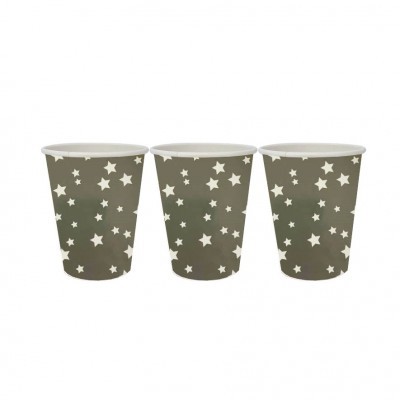 Três copos de papel cinzentos com estrelas brancas