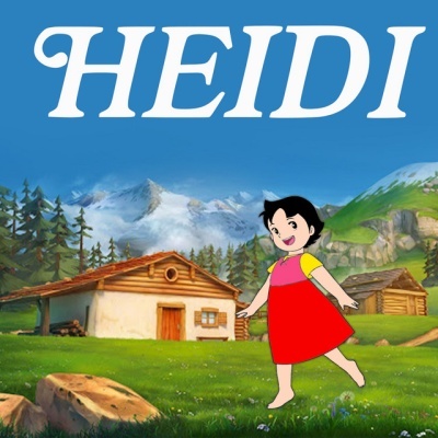 Cena animada de Heidi com casas rurais e montanhas