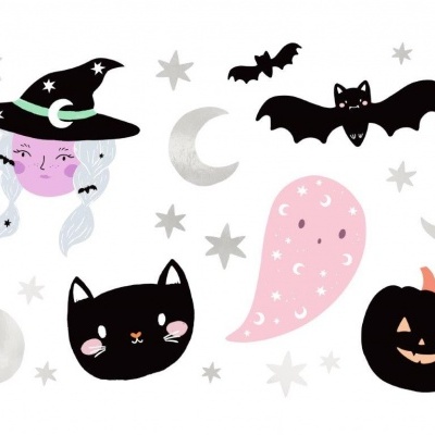 Ilustrações de Halloween com bruxa, fantasmas, morcegos, abóbora, luas e estrelas