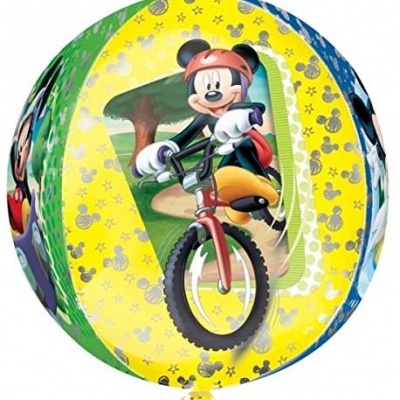 Balão redondo com imagens do Mickey Mouse a andar de bicicleta