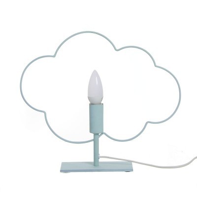 Candeeiro de mesa azul claro com lâmpada branca e estrutura em forma de nuvem