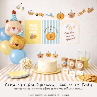 Decoração colorida para festa infantil com balões, cartazes, bolo branco decorado e mesa com guloseimas