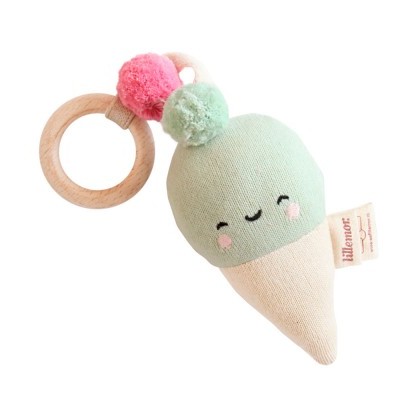 Brinquedo para bebé tipo gelado em tecido com anilha de madeira e pompons coloridos