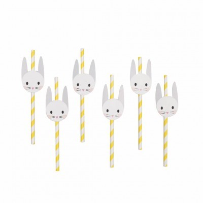 Palhinhas com decoração de cabeça de coelho amarelo e branca