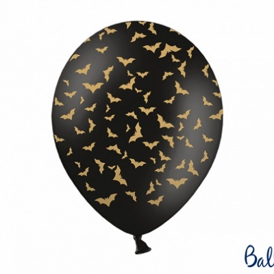 Balão preto com morcegos dourados e logotipo Strong Balloons