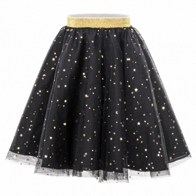 Saia preta em tule com estrelas douradas e cintura elástica dourada