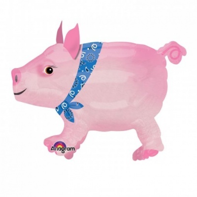 Balão metalizado porco cor-de-rosa com lenço azul