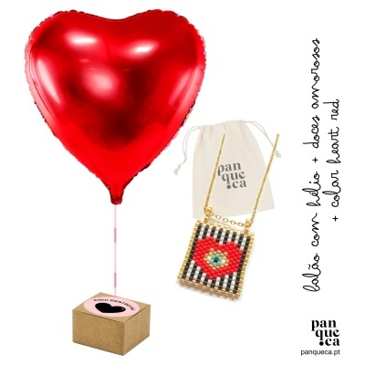 Bexiga de coração vermelha com base e pequena bolsa com padrão de boca e riscas.