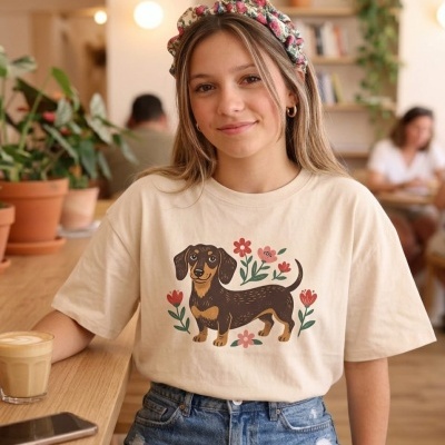 Mulher jovem usando t-shirt creme com estampa de cão dachshund e flores em ambiente de cafetaria