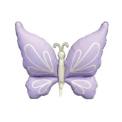 Balão metálico em forma de borboleta lilás com detalhes brancos