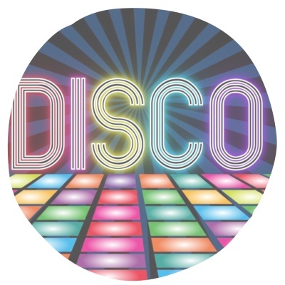 Ilustração com a palavra DISCO e piso de dança colorido