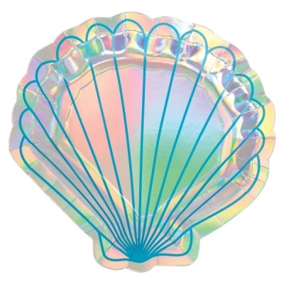 Prato descartável em forma de concha iridescente com linhas azuis