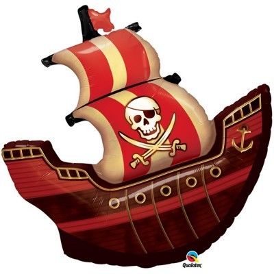 Balão de navio pirata colorido com caveira e espadas em vela