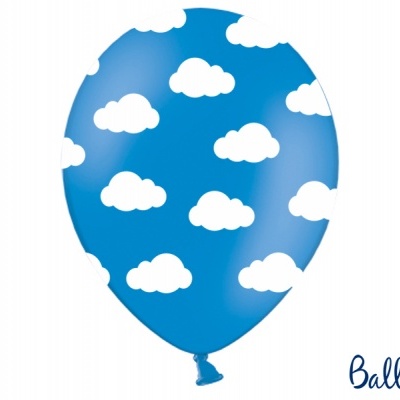 Balão azul com nuvens brancas e logo 'STRONG Balloons'