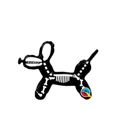 Balão preto em forma de cão com padrão de ossos brancos