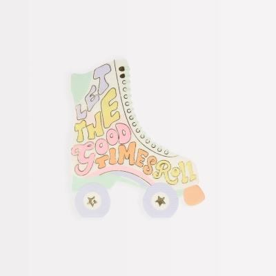 Broche em forma de patim vintage com cores pastel e texto decorativo