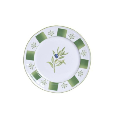 Prato circular branco com decoração verde de ramos e quadrados