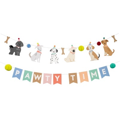 Guirlanda decorativa com cães e letras coloridas a dizer PAWTY TIME.