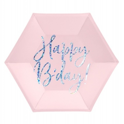 Prato de papel hexagonal rosa com texto azul cintilante