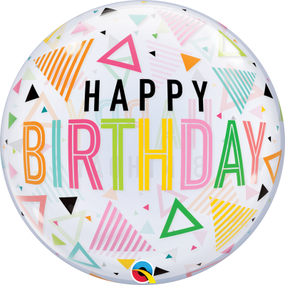Balão transparente com triângulos coloridos e texto Happy Birthday