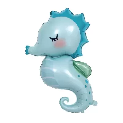 Balão cavalo-marinho azul com detalhes azuis escuros e verdes