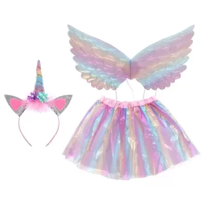 Conjunto fantasia unicórnio com tiara, saia de tule e asas iridescentes