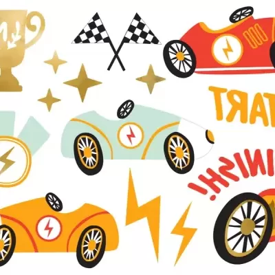 Elementos ilustrados de corrida com carros, troféu, bandeiras e textos START, FINISH