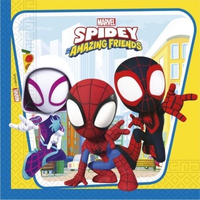 Personagens Marvel Spidey and His Amazing Friends com fundo urbano e bordas coloridas