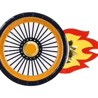 Roda de bicicleta preta e laranja com desenho de chama ao fundo