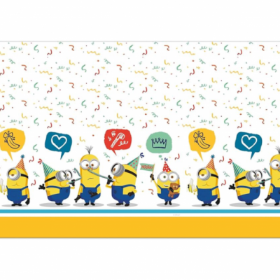 Faixa decorativa de Minions com balões de fala e chapéus de festa