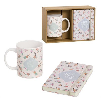 Conjunto caneca e bloco notas floral com texto Best Mother Ever em embalagem