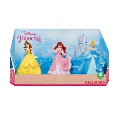 Conjunto de figuras das princesas Disney com embalagem azul e castelo ao fundo