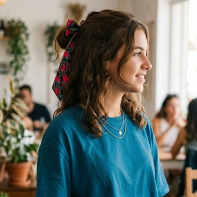 Pessoa com fita de tecido floral no cabelo e t-shirt azul em sala com plantas e pessoas ao fundo
