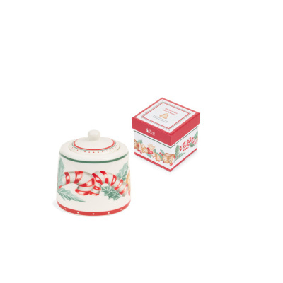 Recipiente de cerâmica com decoração natalícia e embalagem quadrada decorada