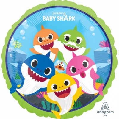 Balão redondo metálico Baby Shark com personagens coloridos