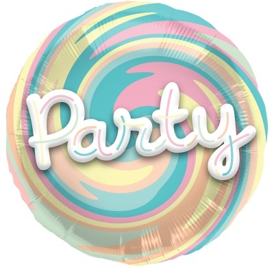 Balão de festa redondo com padrão espiral colorido e texto 'Party'