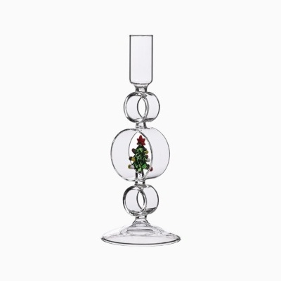 Castiçal de vidro com decoração de árvore de Natal