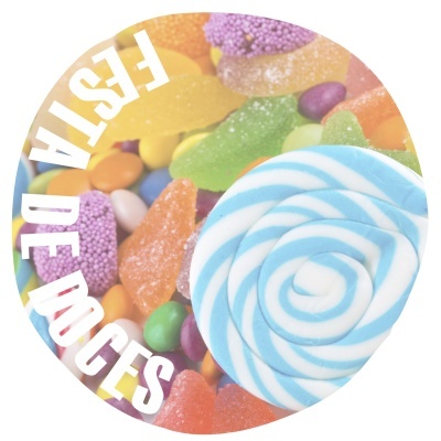 Doces coloridos com pirulito azul e branco em espiral e texto FESTA DE DOCES