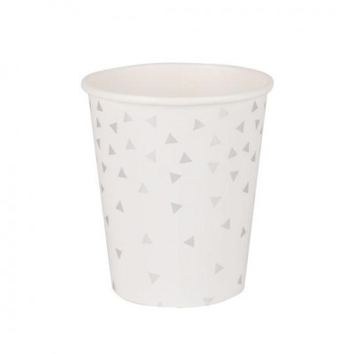 Copo de papel branco com padrão de triângulos cinzentos