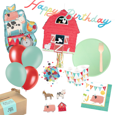 Conjunto de festa infantil com tema de quinta com balões, piñata de celeiro, pratos, copos, guardanapos e confettis.