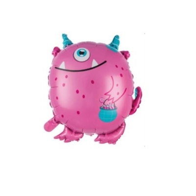 Balão de monstro rosa com um olho, chifres azuis e bolso azul