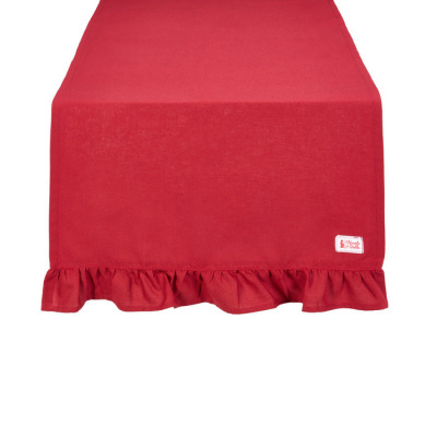 Toalha de mesa vermelha com aba franzida e etiqueta