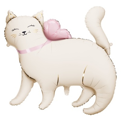 Balão em forma de gato branco com asas cor-de-rosa e laço rosa