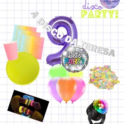 Decoração de festa com balões, copos, pratos, confetes e luzes coloridas