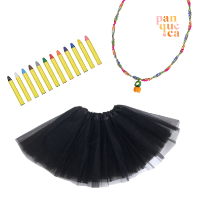 Lápis de cor amarelos, colar colorido com pendente de abóbora e saia tutu preta de tule.